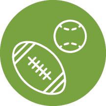 White line-art icon of sports equipment centered inside a green circle.