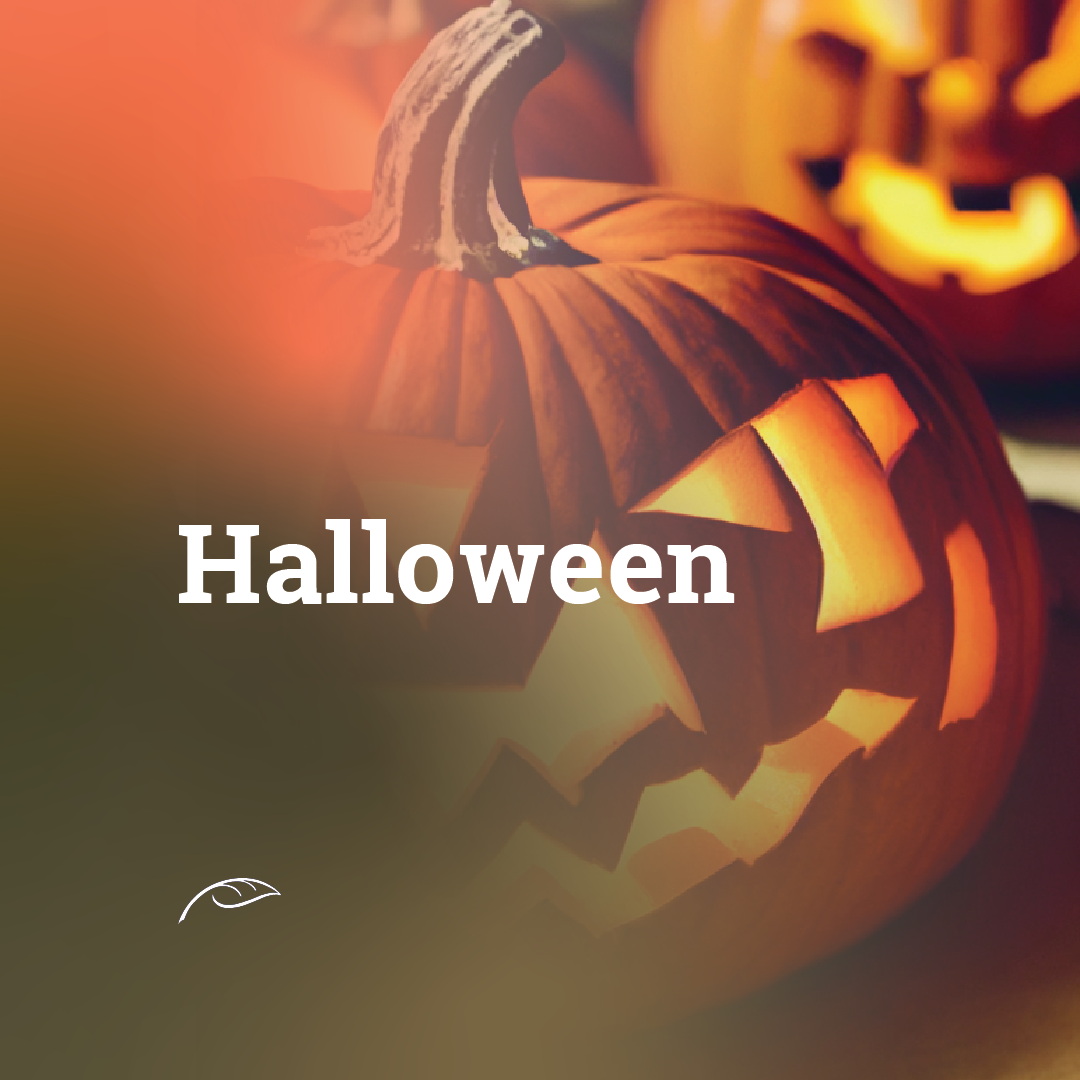 Promotional graphic reading “Halloween” in large white text over a glowing jack-o'-lantern.
